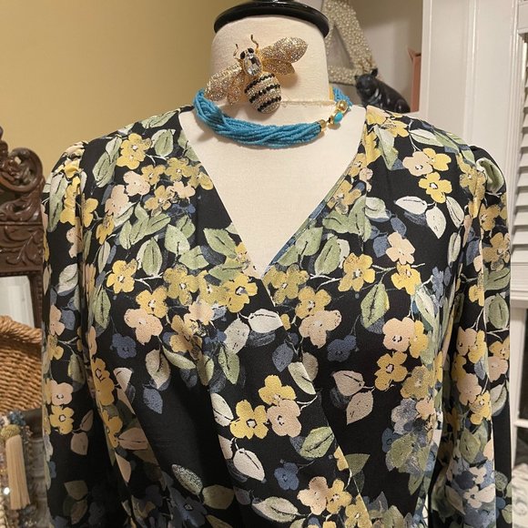 NWT Bleeker 126 22W Dress - Black with soft muted Blues & Greens with Yellow - Picture 3 of 16